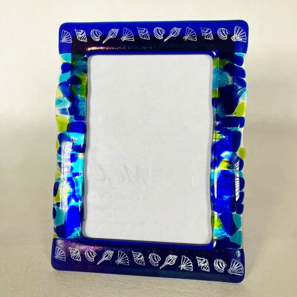 Ocean Blue Picture Frame Potpourri Fused Glass Photo 5"x7" Table Handcrafted New - Picture 1 of 11